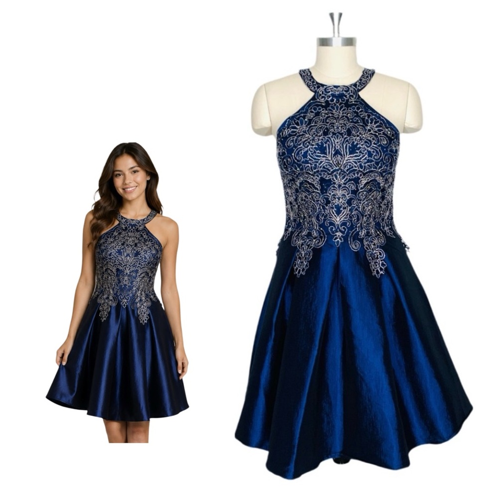 Soieblu Glitter Halter High-Low Dress Navy Blue Womens Size 6 Prom Homecoming